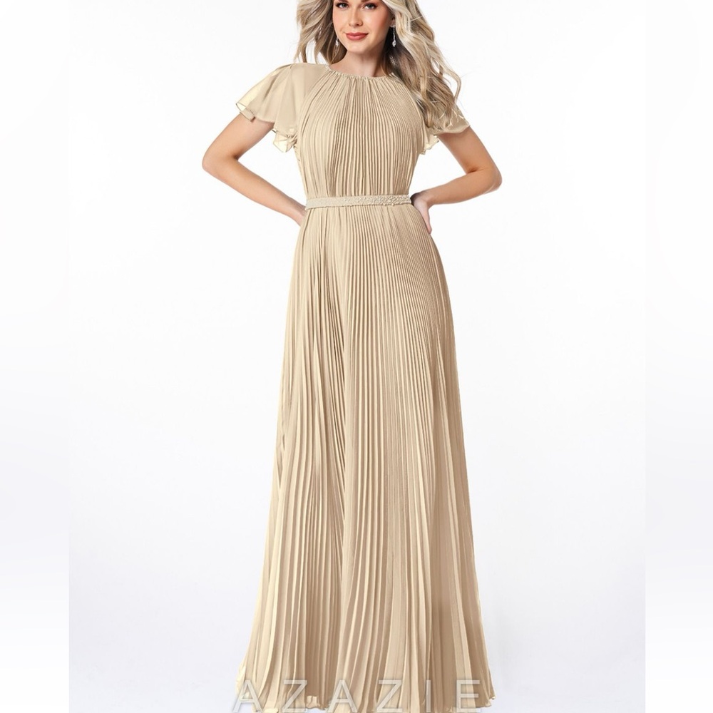 Azazie KARA A-Line Pleated Chiffon Long Dress Butterscotch Size A8